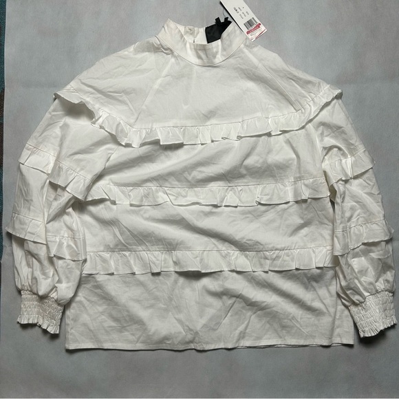 Nicole Miller Tops - Nicole Miller white ruffle 3/4 sleeve much neck top NWT size small